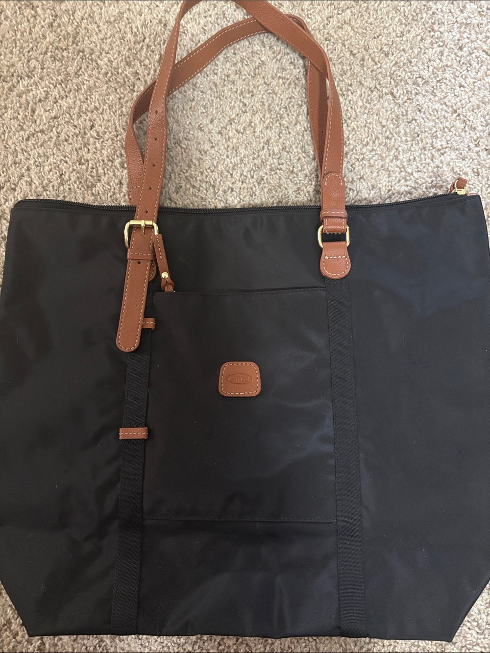 Bric's Black Nylon Tote with Brown Leather Straps